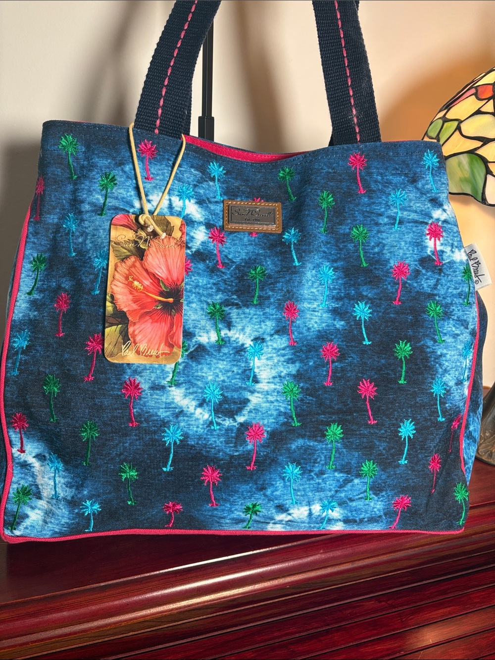 NWT Sun N Sand multi colored  Palm Embroidered Tote Bag